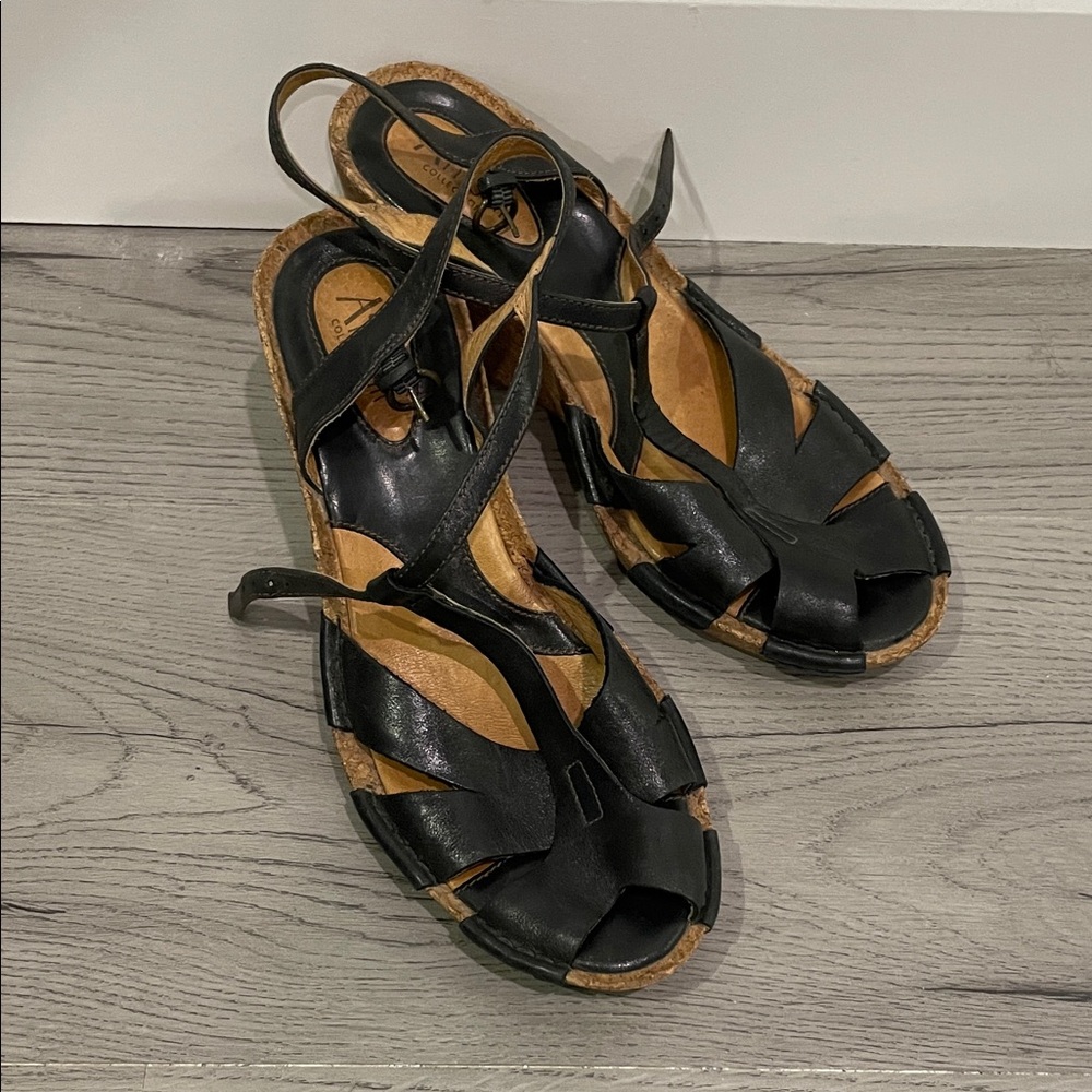Clark’s Artisan Alameda Black Leather Cork Wedge Sandals